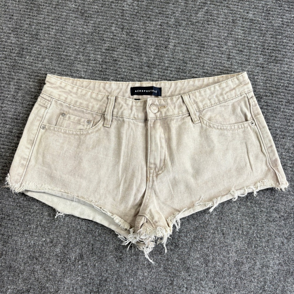 Aeropostale Vintage Low Rise Shorty Tan Denim Strawberry Embroidered Shorts 6